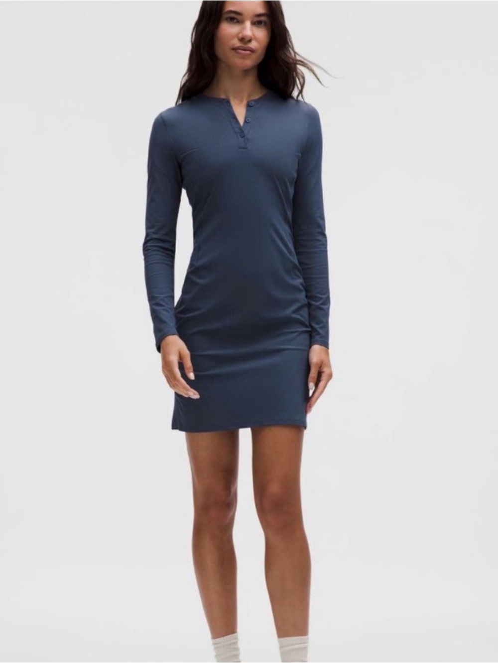 All Aligned Ribbed Long-Sleeve Henley Dress Size 6 Gray- EUC
